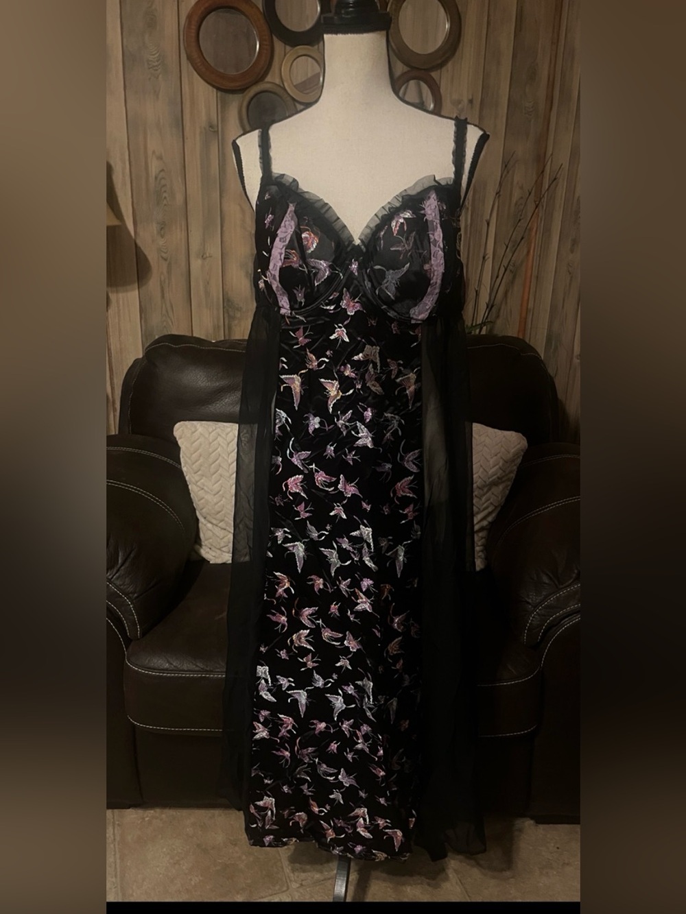 Cacique Black Nightgown/Slip Dress with Pink & Lavender Butterfly Embroidery